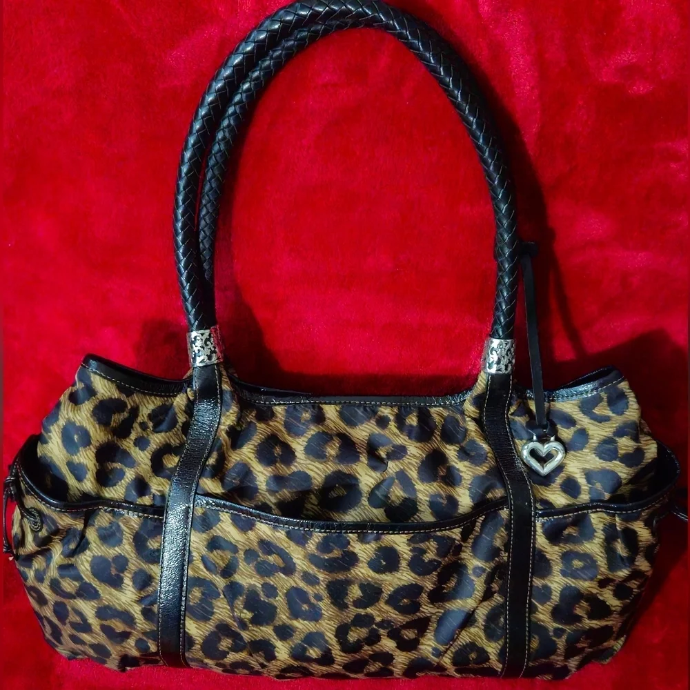 Brighton Leopard Print Nylon with Black Patent Leather Trim Shoulder Bag